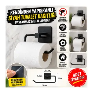 Kendiliğinden Yapışkanlı Siyah Paslanmaz Metal Kapaksız Tuvalet Kağıtlığı Aparatı (adet fiyatıdır)
