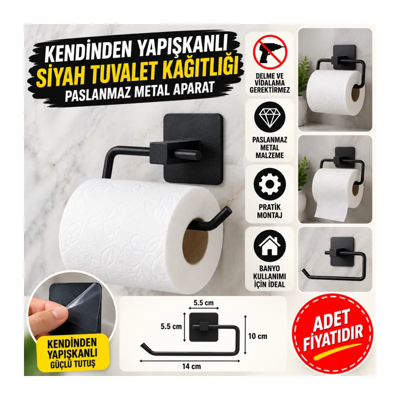 Kendiliğinden Yapışkanlı Siyah Paslanmaz Metal Kapaksız Tuvalet Kağıtlığı Aparatı (adet fiyatıdır)