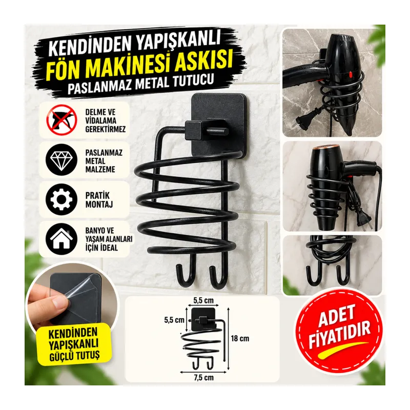 Kendiliğinden Yapışkanlı Siyah Paslanmaz Metal Fön Makinesi Askısı Saç Kurutma Makinesi Tutacağı (adet fiyatıdır)