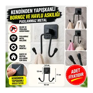 Kendiliğinden Yapışkanlı Siyah Paslanmaz Metal Bornoz ve Havlu Askılığı (adet fiyatıdır)