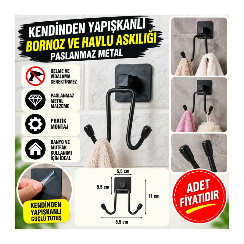 Kendiliğinden Yapışkanlı Siyah Paslanmaz Metal Bornoz ve Havlu Askılığı (adet fiyatıdır)