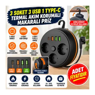 3 Adet Soket,3 Adet USB ve 1 Adet Type-C Girişli Termal Akım Korumalı Makaralı Priz 3395