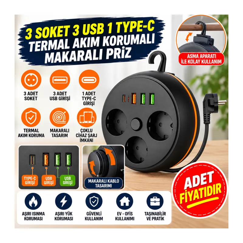 3 Adet Soket,3 Adet USB ve 1 Adet Type-C Girişli Termal Akım Korumalı Makaralı Priz 3395