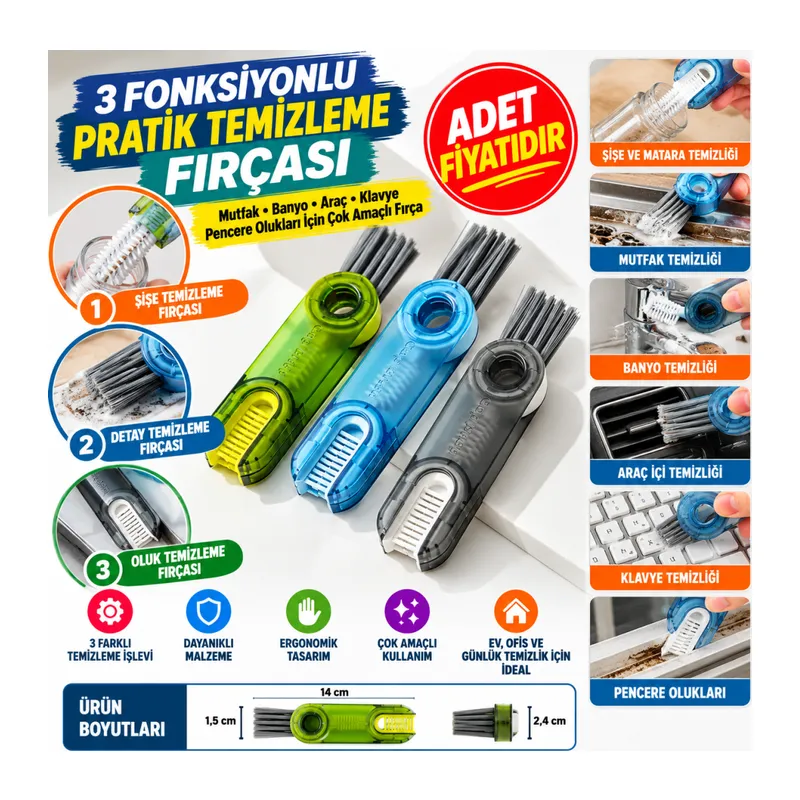 3 Fonksiyonlu Pratik Şişe Temizleme Fırçası Mutfak Banyo Araç İçin Çok Amaçlı Fırça (adet fiyatıdır)