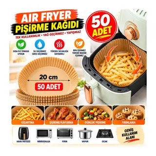 50 Adet 20 cm Air Fryer Pişirme Kağıdı Tek Kullanımlık Yağ Geçirmez Yuvarlak Tabak Model PVC