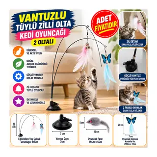 Vantuzlu Tüylü Zilli Olta Kedi Oyuncağı 2 Oltalı
