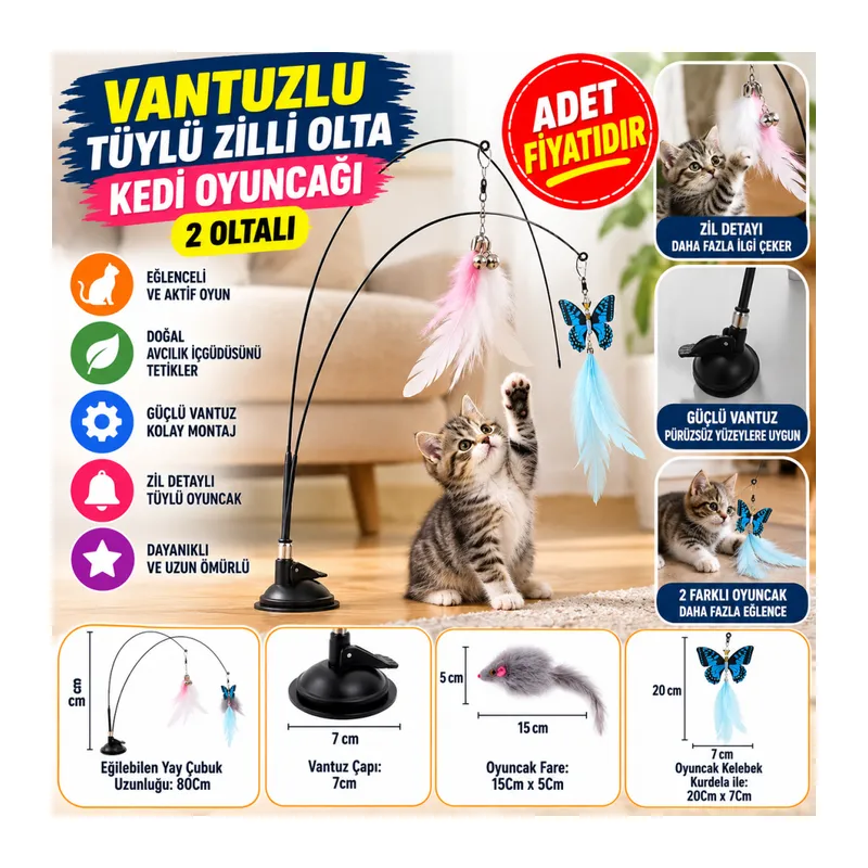Vantuzlu Tüylü Zilli Olta Kedi Oyuncağı 2 Oltalı