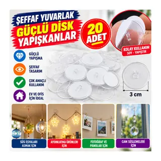 20 Adet Şeffaf Yuvarlak 3 Cm Çaplı Güçlü Disk Yapışkanlar