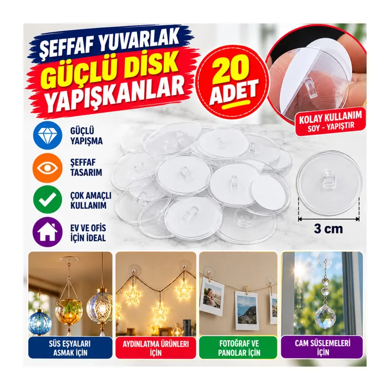 20 Adet Şeffaf Yuvarlak 3 Cm Çaplı Güçlü Disk Yapışkanlar