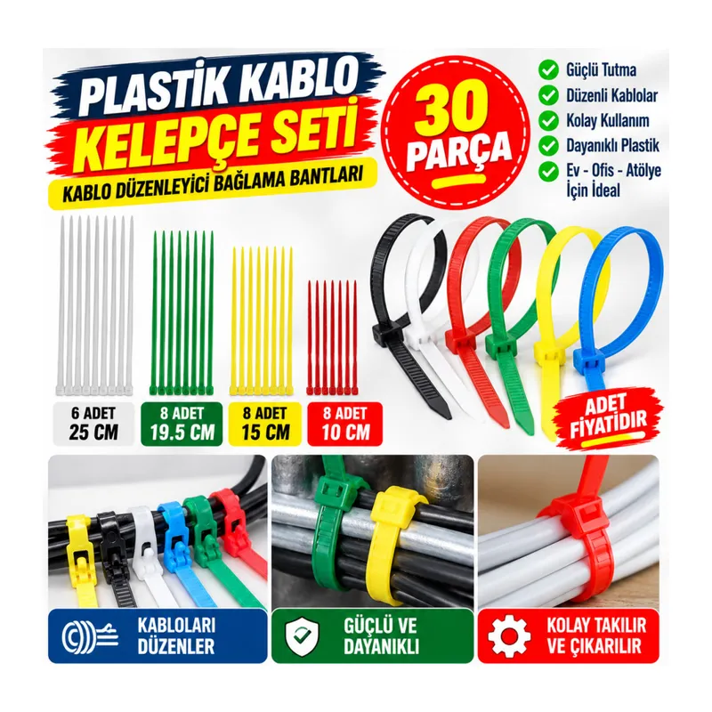30 Parça Plastik Kablo Kelepçe Seti Kablo Düzenleyici Bağlama Bantları