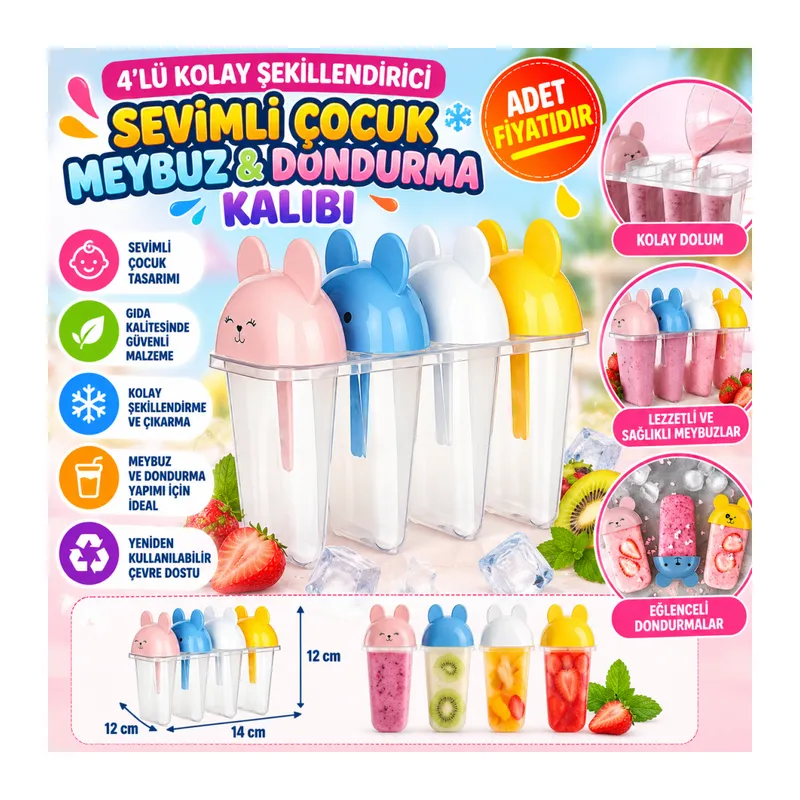 4'lü Kolay Şekillendirici Sevimli Çocuk Meybuz & Dondurma Kalıbı AP-9179 (adet fiyatıdır)