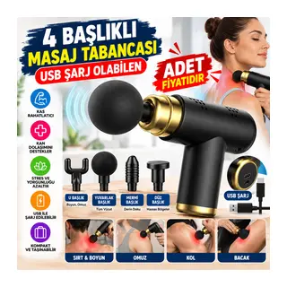 4 Başlıklı USB Şarj Olabilen Masaj Tabancası (adet fiyatıdır)