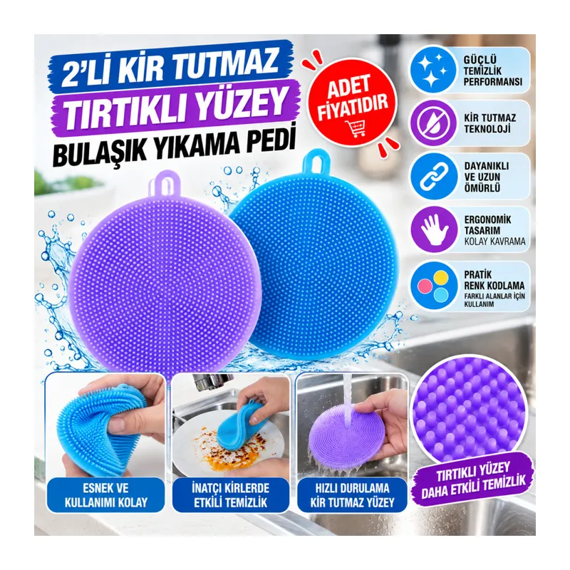 2'li Kir Tutmaz Tırtıklı Yüzey Bulaşık Yıkama Pedi