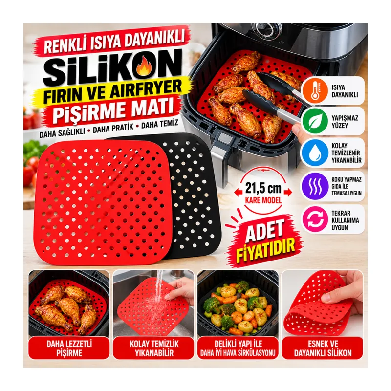 Renkli Isıya Dayanıklı Yıkanılabilir Silikon Fırın Ve Airfryer Kare Pişirme Matı 21,5 Cm (adet fiyatıdır)