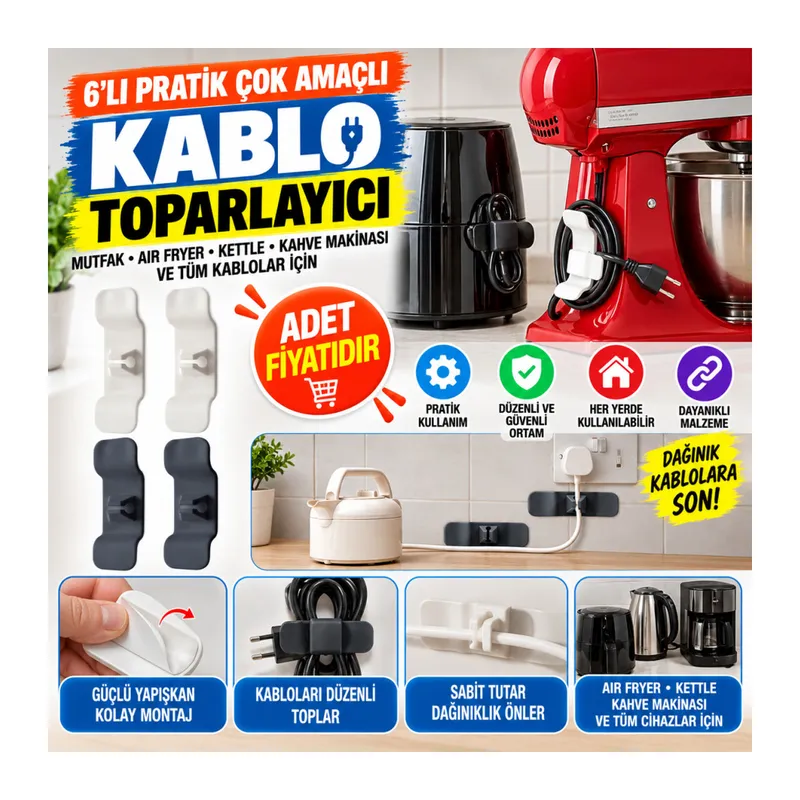 6'lı Pratik Kablo Toparlayıcı Yapışkanlı Klips Mutfak Air Fryer Kettle Kahve Tost Makinası