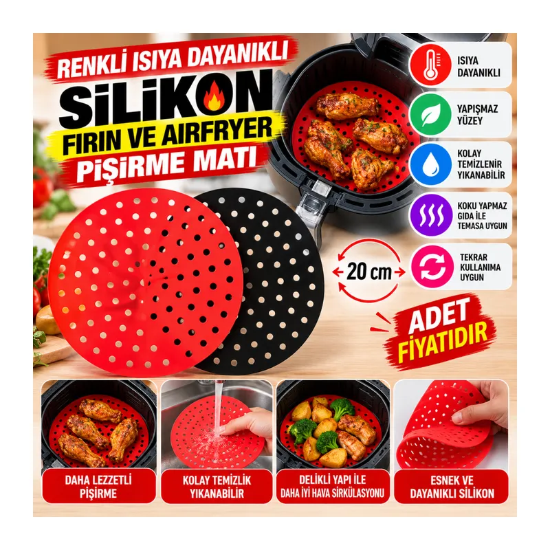 Renkli Isıya Dayanıklı Yıkanılabilir Silikon Fırın Ve Airfryer Yuvarlak Pişirme Matı 20 Cm (adet fiyatıdır)