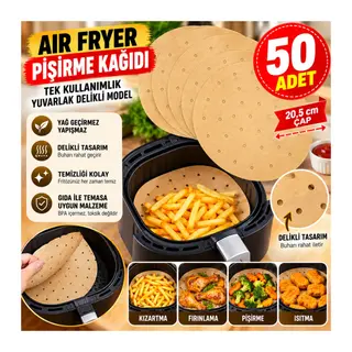50 Adet Air Fryer Pişirme Kağıdı Tek Kullanımlık Gıda Pişirme Kağıdı Delikli Yuvarlak Model