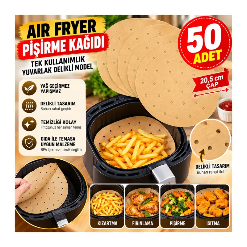 50 Adet Air Fryer Pişirme Kağıdı Tek Kullanımlık Gıda Pişirme Kağıdı Delikli Yuvarlak Model