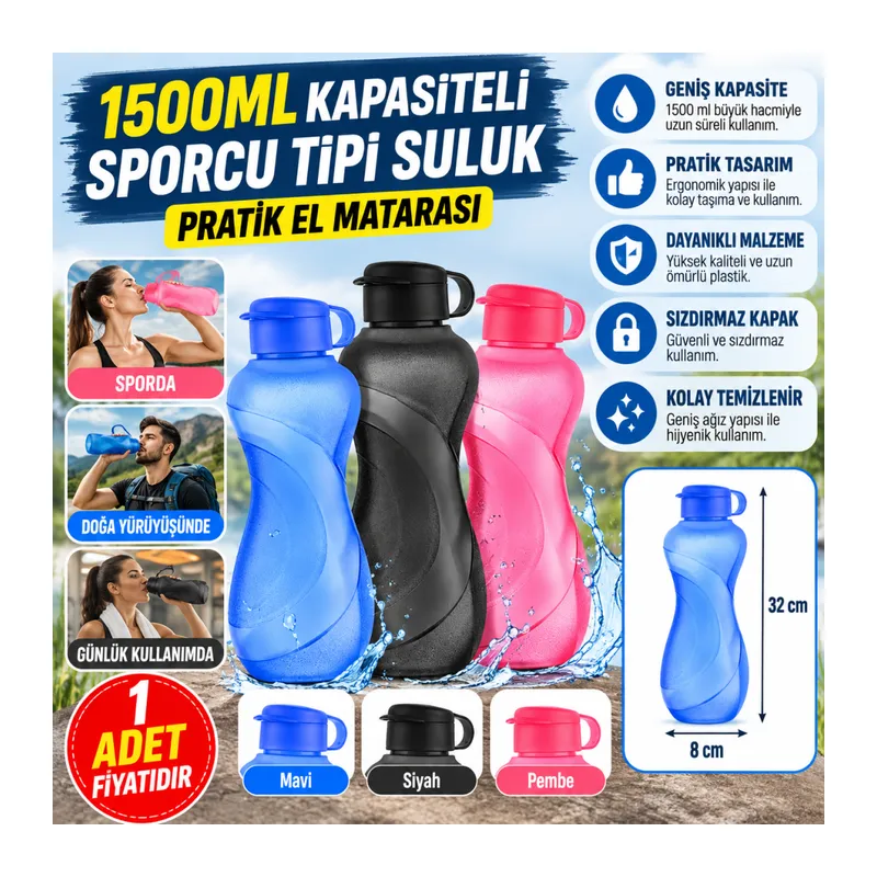 1500ML Kapasiteli Sporcu Tipi Suluk Pratik El Matarası (adet fiyatıdır)