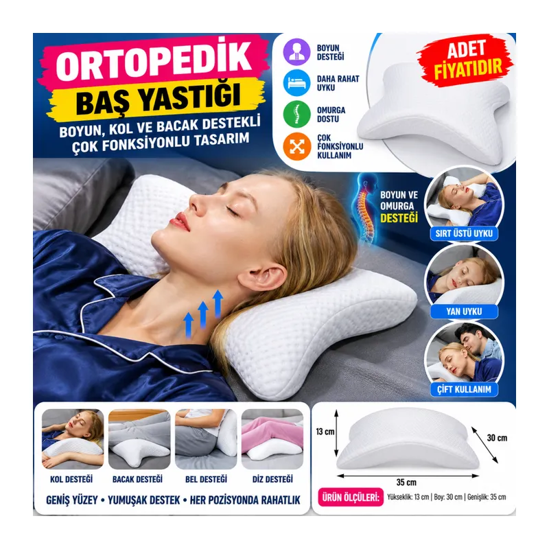 Ortopedik Geniş Boyuna Uyumlu Kol ve Bacak Destekli Yumuşak Kavisli Baş Yastığı (adet fiyatıdır)