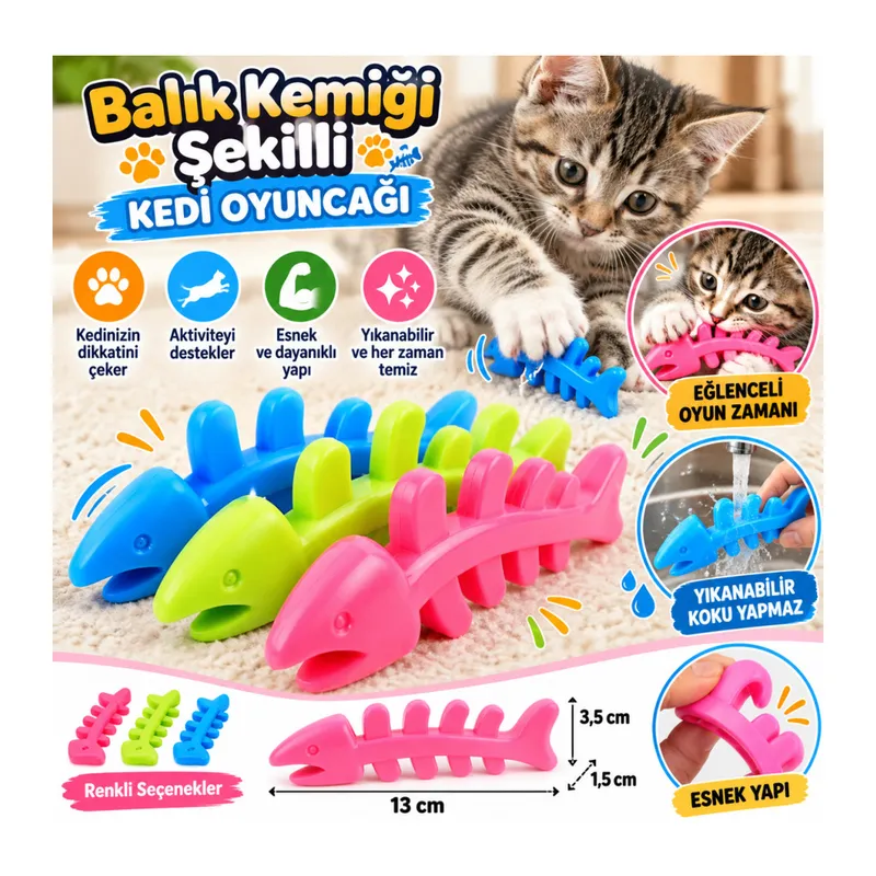 Balık Kemiği İskelet Şekilli Renkli Plastik Kedi Oyuncağı