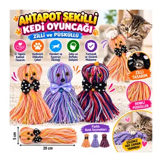 Ahtapot Şekilli Zilli Ve İpli Rengarenk Püsküllü Sevimli KediOyuncağı