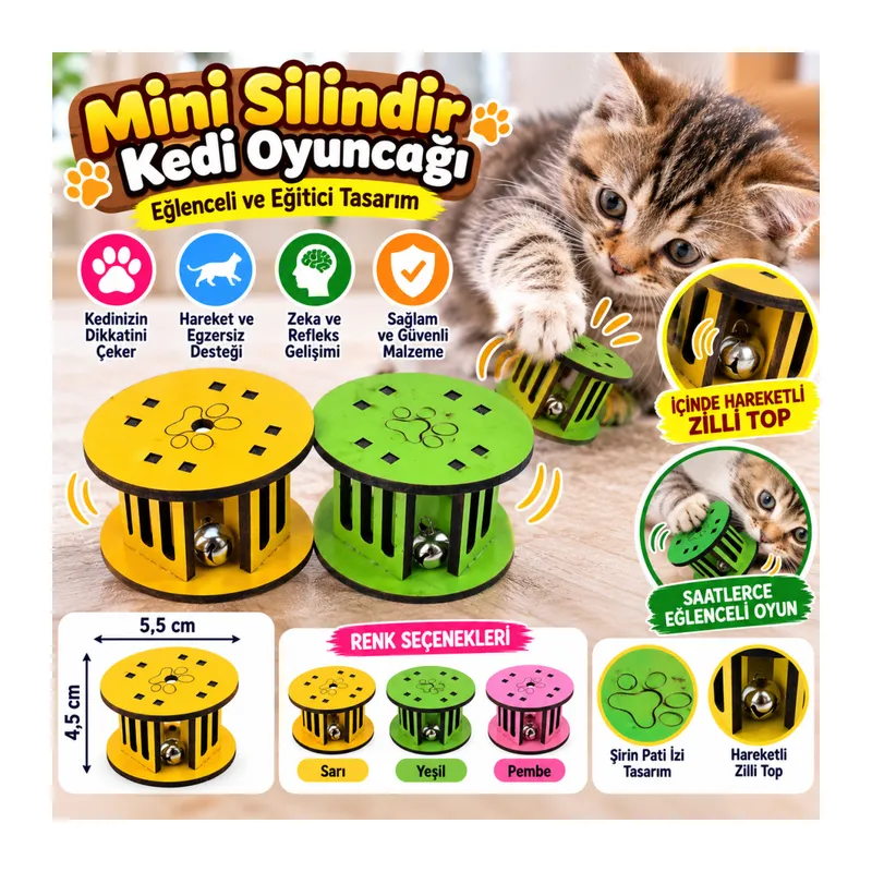 Mini Silindir Eğlenceli Renkli Sağlam Küçük Pati İzi Şekilli Kedi Oyuncağı