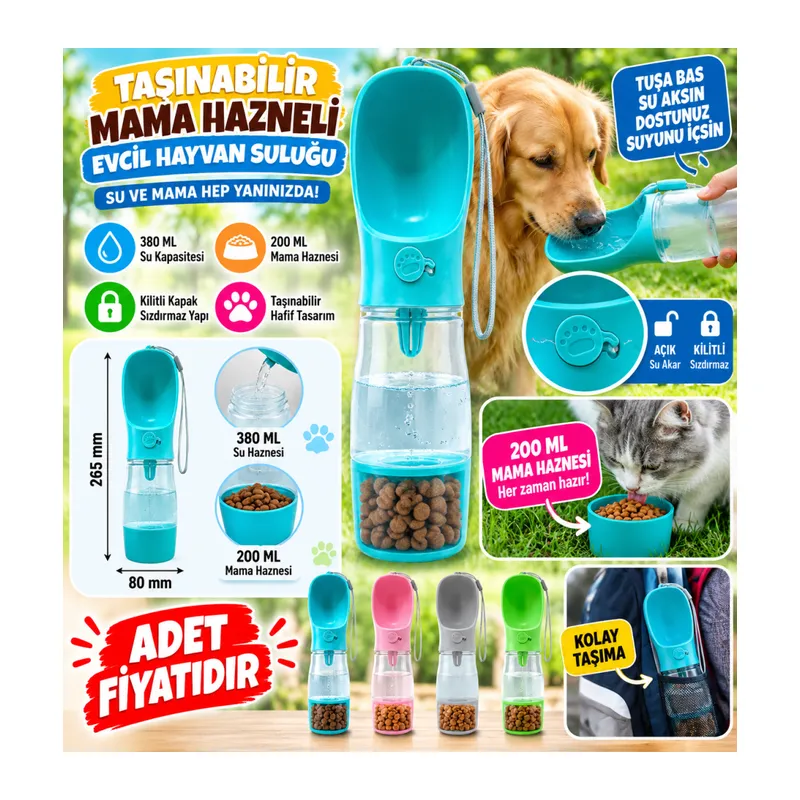 Taşınabilir Mama Hazneli Evcil Hayvan Suluğu Seyahat Kabı Kilitlenebilen Su Sızdırmaz 380ML (adet fiyatıdır)