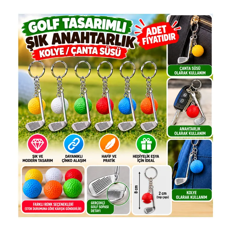 Gerçekçi Golf Tasarımlı Şık Anahtarlık Kolye Çanta Süsü Golf Keychain (adet fiyatıdır)