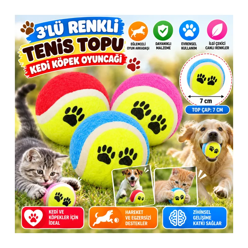 3lü Renkli Desenli Tenis Topu Kedi Köpek Oyuncağı (adet fiyatıdır)