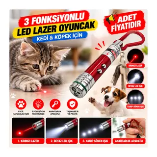 3 Fonksiyonlu Kırmızı Beyaz Işıklı Led Lazer Kedi Köpek Oyuncak Anahtarlık - 1 Adet Stokta Olan Renk Gönderilir