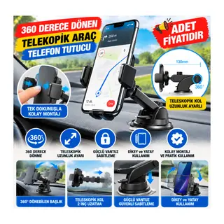 360 Derece Dönen Torpido Üstü Uzunluk Ayarlamalı Vantuzlu Teleskopik Araç Telefon Tutucu (adet fiyatıdır)