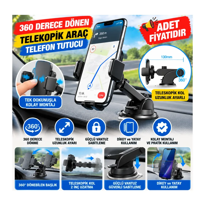 360 Derece Dönen Torpido Üstü Uzunluk Ayarlamalı Vantuzlu Teleskopik Araç Telefon Tutucu (adet fiyatıdır)