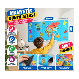Renkli Atlas Dünya Haritası Manyetik Yapıştırıcı Gerektirmeyen Duvar Stickerı 118 CM * 56 CM (adet fiyatıdır)