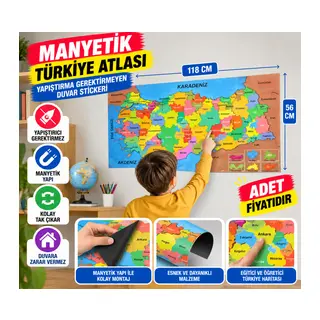 Renkli Türkiye Haritası Manyetik Yapıştırıcı Gerektirmeyen Duvar Stickerı 118 CM * 56 CM (adet fiyatıdır)
