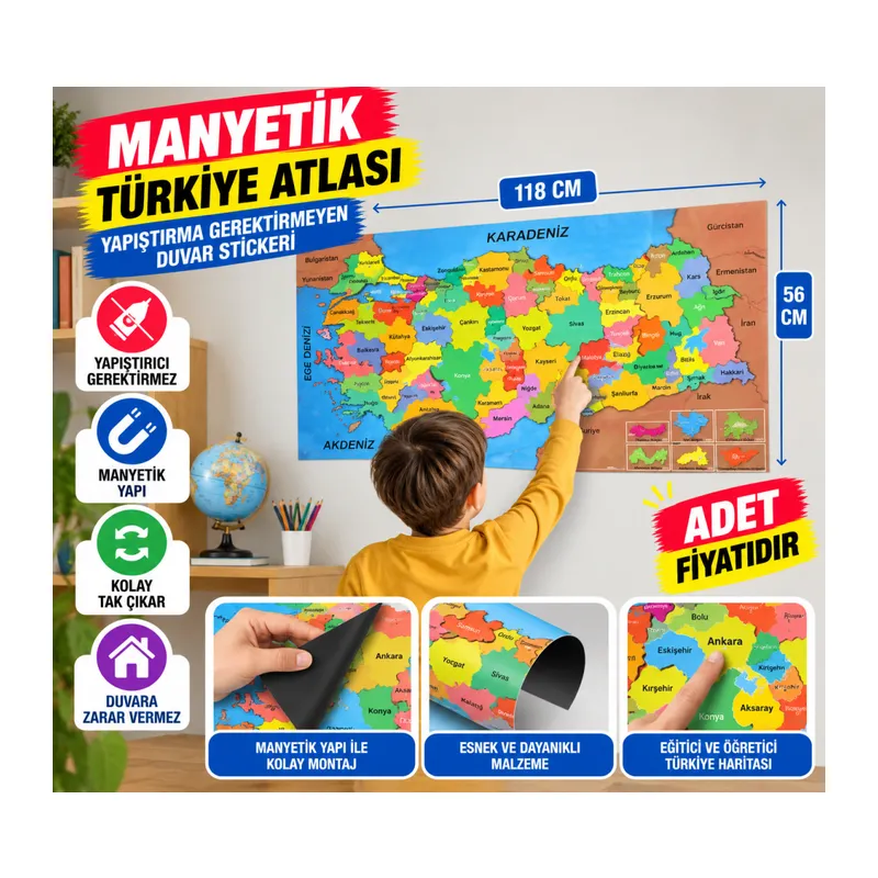 Renkli Türkiye Haritası Manyetik Yapıştırıcı Gerektirmeyen Duvar Stickerı 118 CM * 56 CM (adet fiyatıdır)