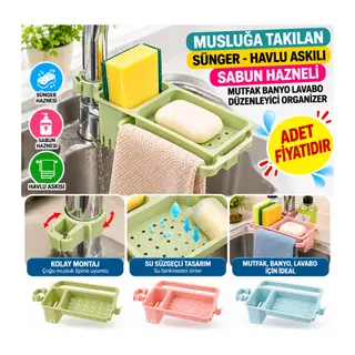 Musluğa Takılan Sünger Havlu Askılı Sabun Hazneli mutfak Banyo Lavabo Düzenleyici Organizer (adet fiyatıdır)