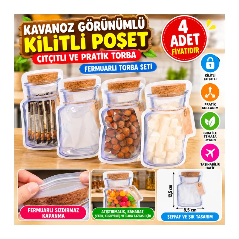 Kavanoz Görünümlü Kilitli Poşet Çıtçıtlı ve Pratik Torba 4 Adet