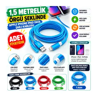 1,5 Metrelik Örgü Şeklinde Apple Iphone Ipad Data Şarj Kablosu - 1 Adet Stokta Olan Renk Gönderilir(adet fiyatıdır)