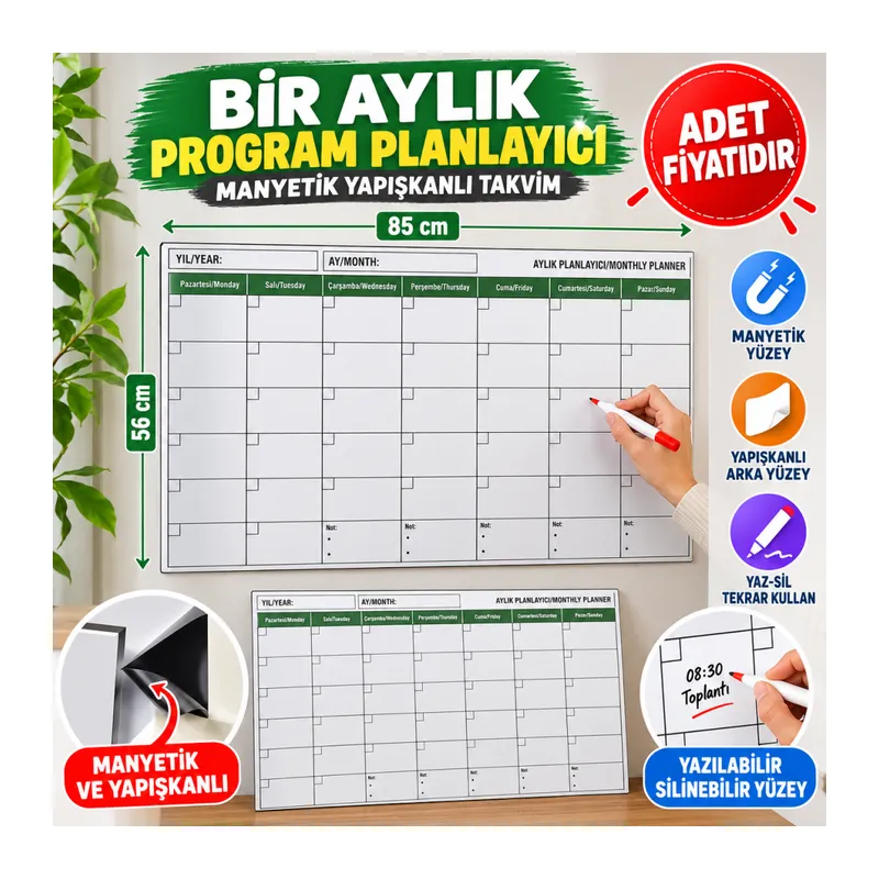 Manyetik Yapışkanlı Bir Aylık Program Planlayıcı Takvim 85x56 cm (adet fiyatıdır)