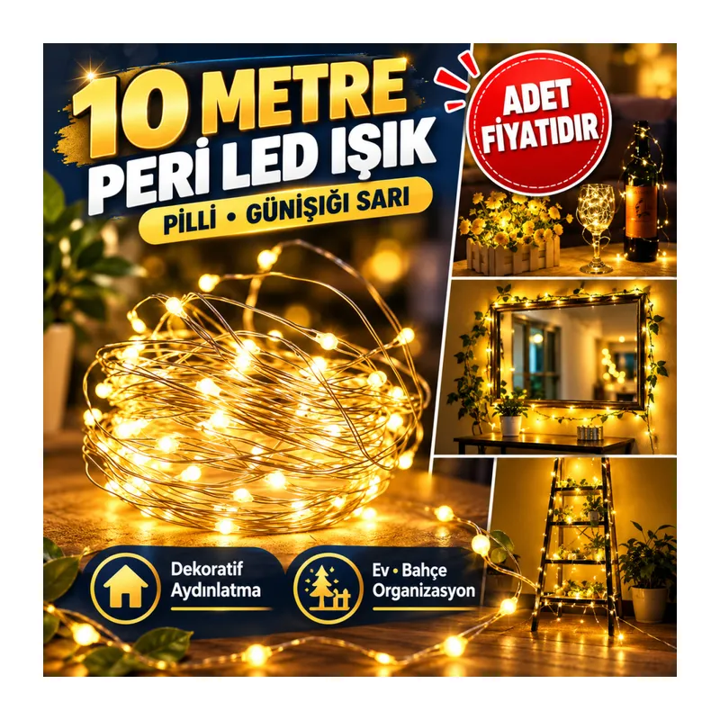 Peri Led Işık 10 Metre (Sarı) Pilli Aydınlatma Şerit Led Saçak Spot Süsleme