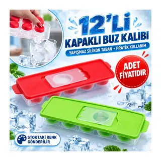 12li Kapaklı Yapışmaz Silikon Tabanlı Plastik Küp Buz Kalıbı - Stokta Olan Renk Gönderilir