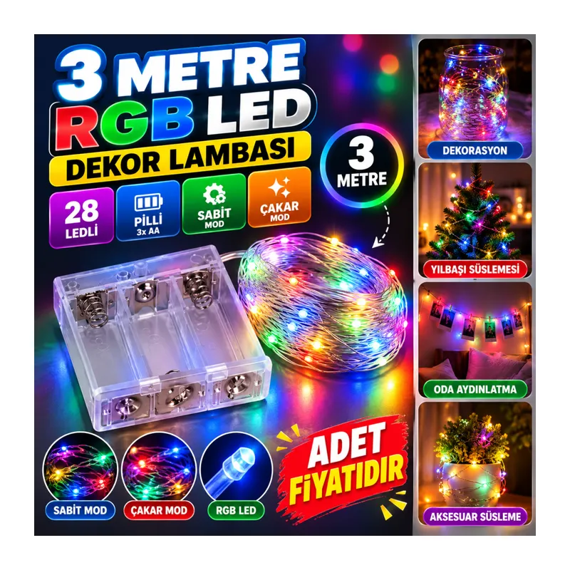 Pilli Dekoratif Peri Led Işık 3 Metre (RGB) Gaming Aydınlatma