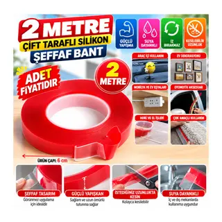 2 Metre Güçlü Yapışkanlı Çift Taraflı Slikon Pratik Şeffaf Bant (adet fiyatıdır)