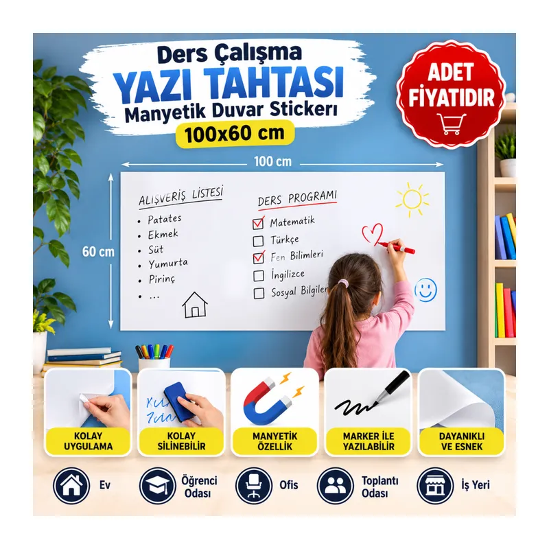 Ders Çalışma Yazı Tahtası Manyetik Duvar Stickerı 100x60 cm (adet fiyatıdır)