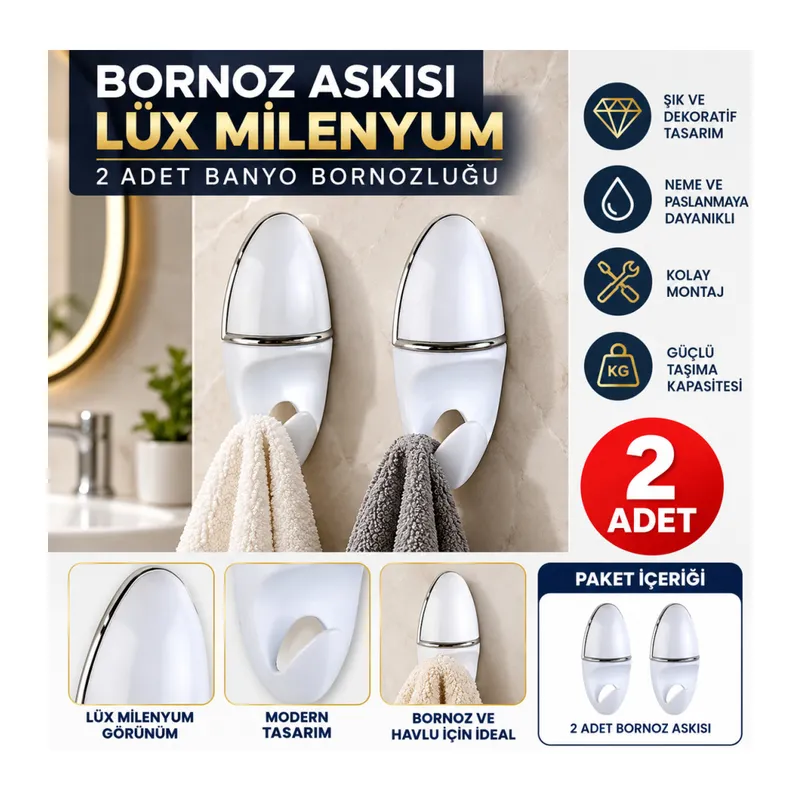 Bornoz Askısı Lüx Milenyum Bornozluk 2 Adet Banyo Bornoz Askılığı