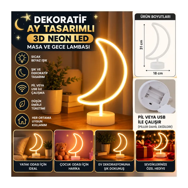 Dekoratif Pilli Ay Tasarımlı 3D Neon Led Masa Ve Gece Lambası