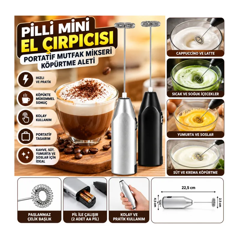 El Çırpıcısı Pilli Mini Portatif Mutfak Mikseri Köpürtme Aleti