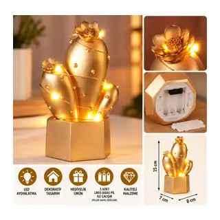 Led Işıklı Sevimli Kaktüs Dekoratif Masa Lambası Mini Biblo Gece Lambası Gold
