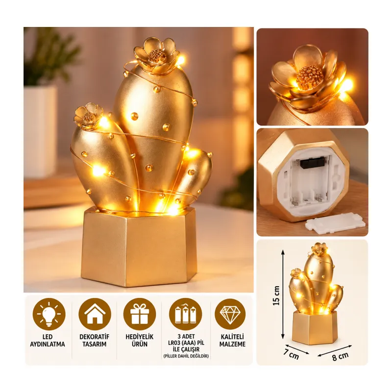 Led Işıklı Sevimli Kaktüs Dekoratif Masa Lambası Mini Biblo Gece Lambası Gold